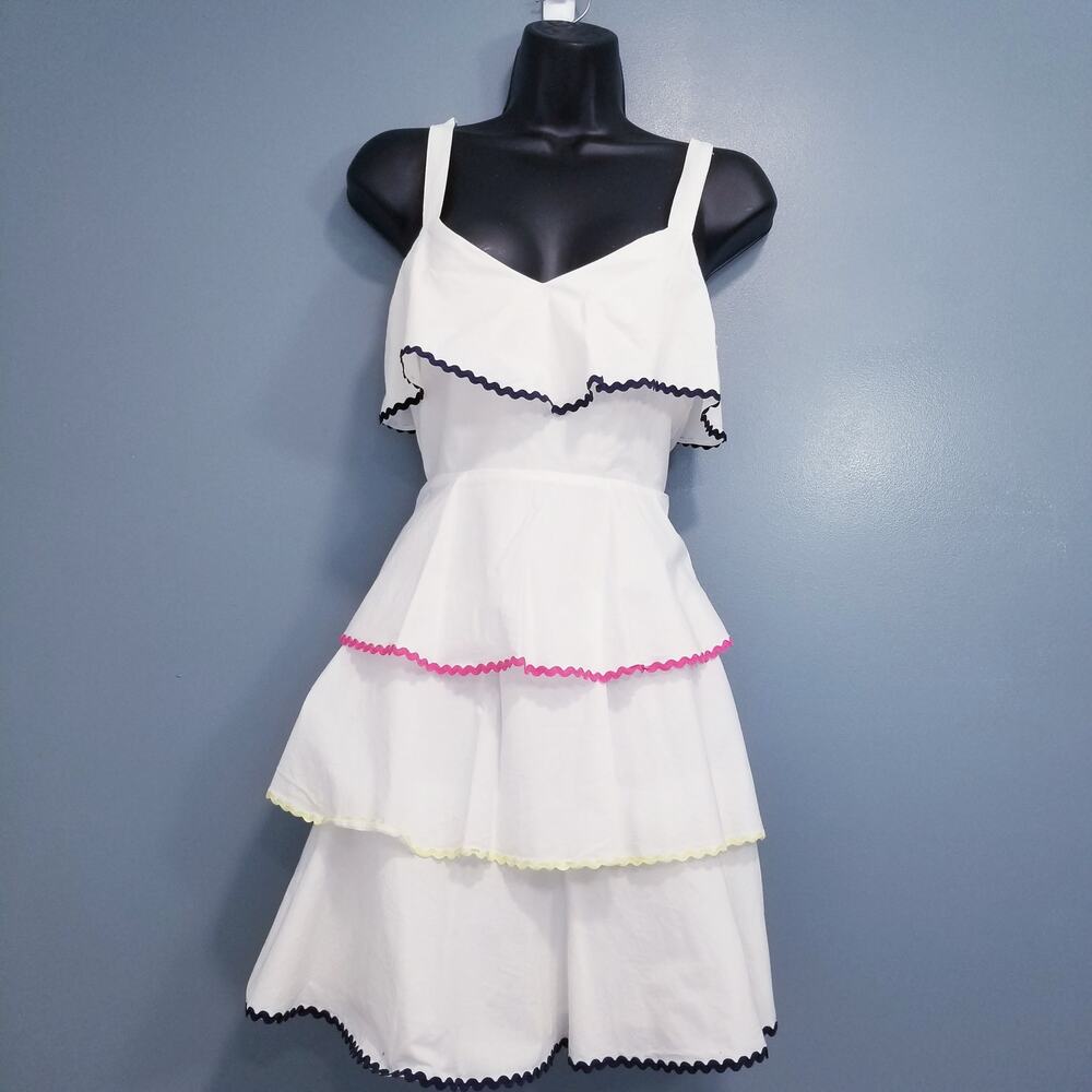 WAYF Whited Ruffle Babydoll Tiered Dress w/ Color Pop Rickrack Trim